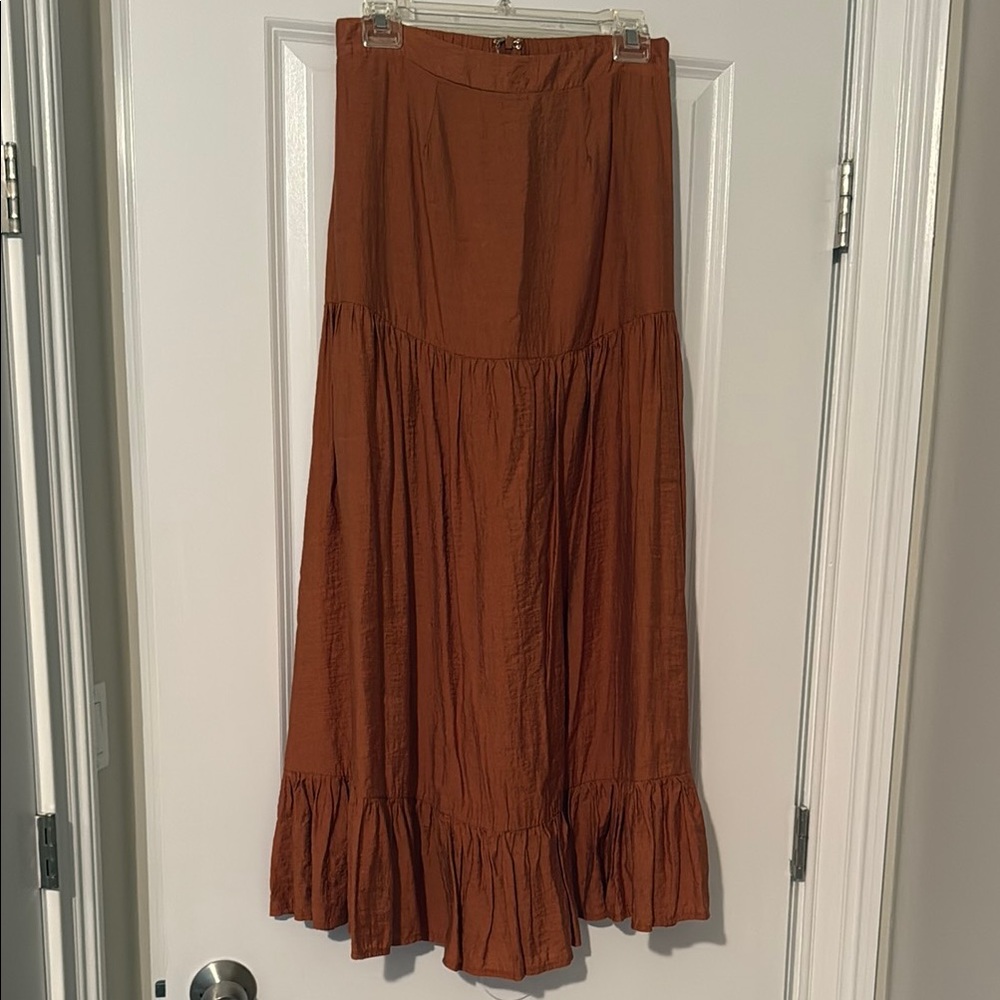 Brown Pleated Ruffled Maxi Skirt